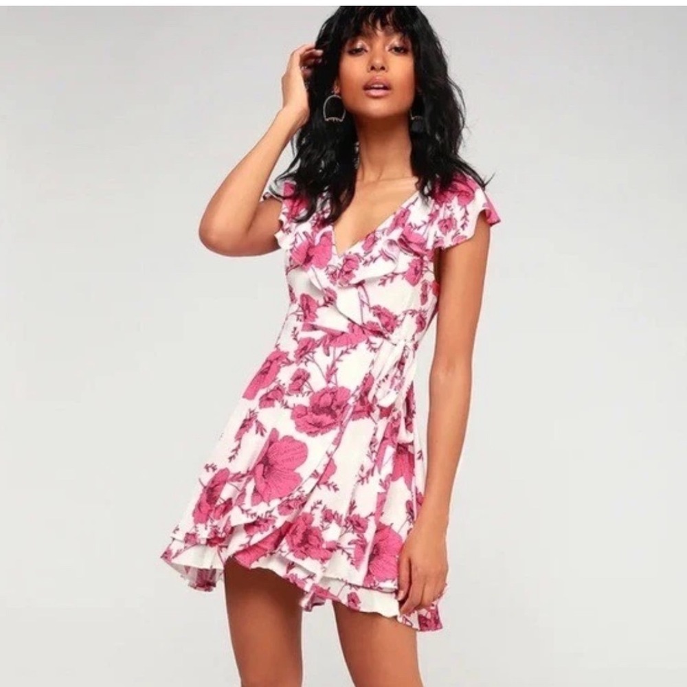 Free People | Women's Red Pink White Floral Ruffle Wrap Mini Dress, Size XS